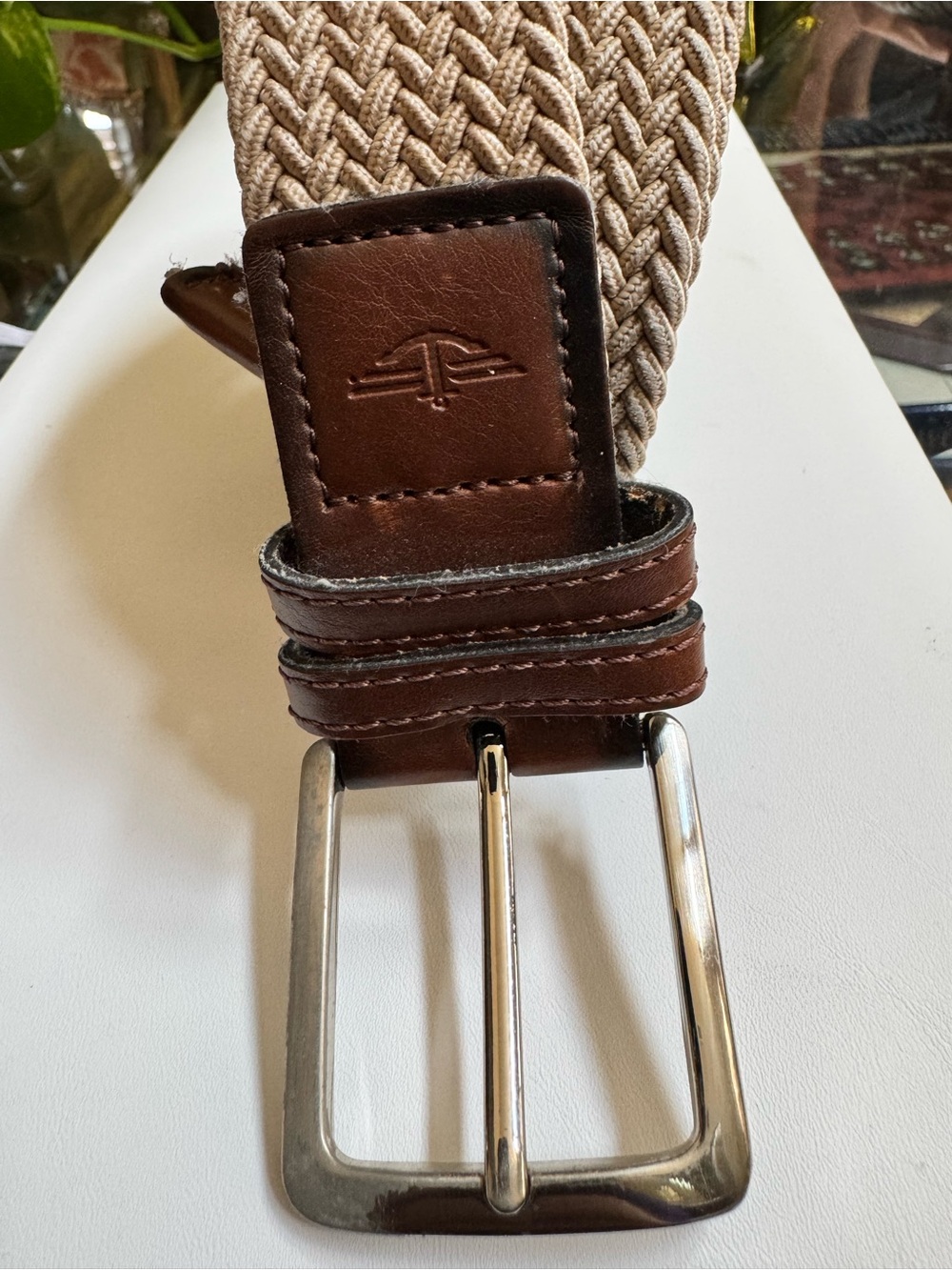 “Dockers” Woven Beige Stretch Belt with Brown Leather Trim